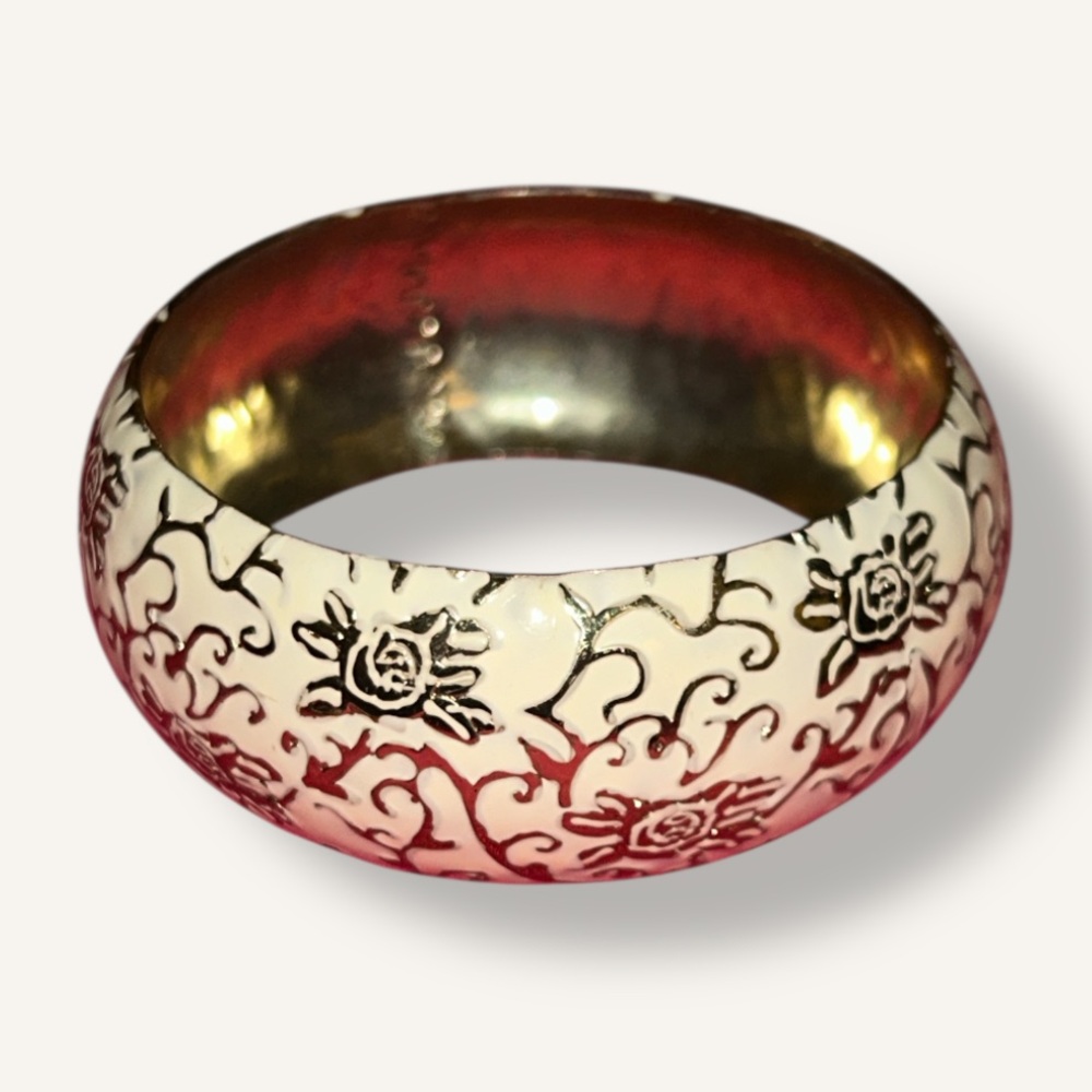 Vintage Brass chunky White and silver floral printed Bangle bracelet